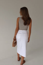 Lia Front Slit Denim Midi Skirt