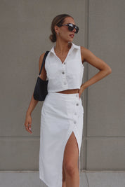 White Denim Button Down Top and Skirt Set