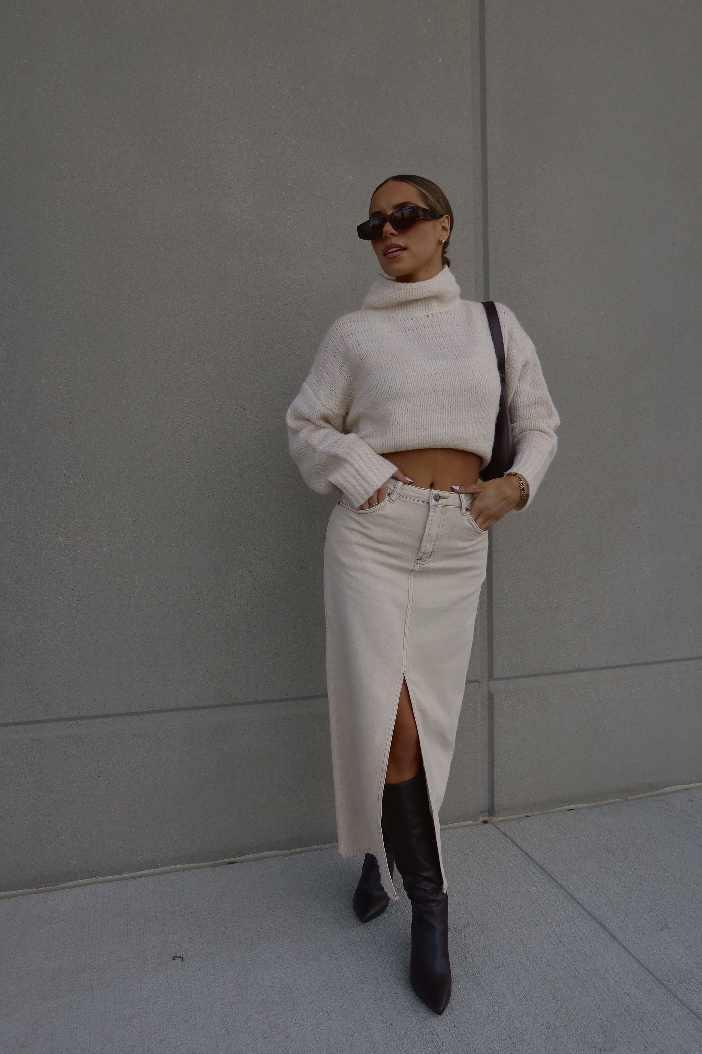 Dezi Beige Denim Midi Skirt