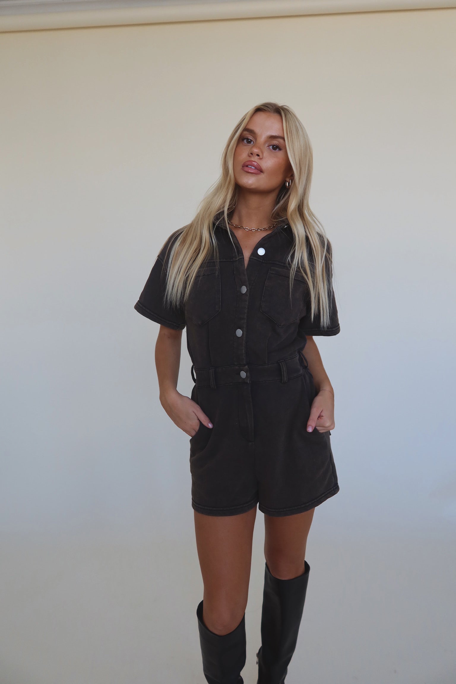 Washed Brown Short Sleeve Romper