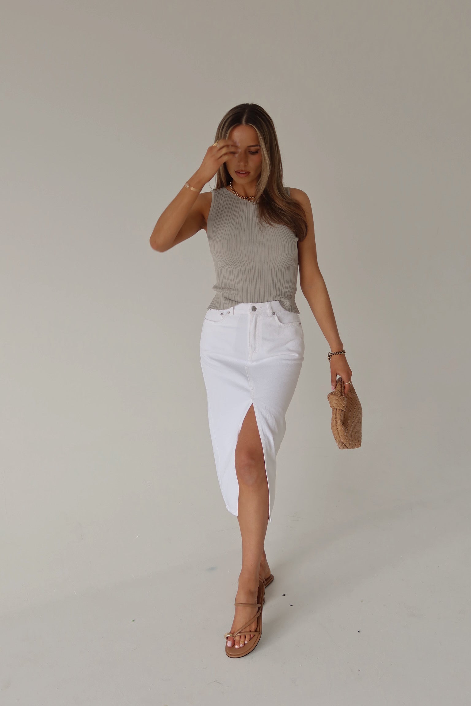 Lia Front Slit Denim Midi Skirt