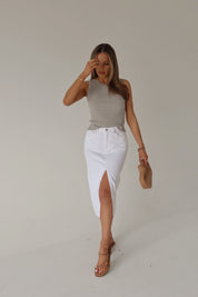 Lia Front Slit Denim Midi Skirt