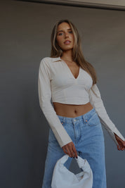 RESTOCKED :Emory Collared Long Sleeve Top In Taupe