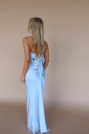 Carter Satin Strapless Maxi Dress In Dusty Blue