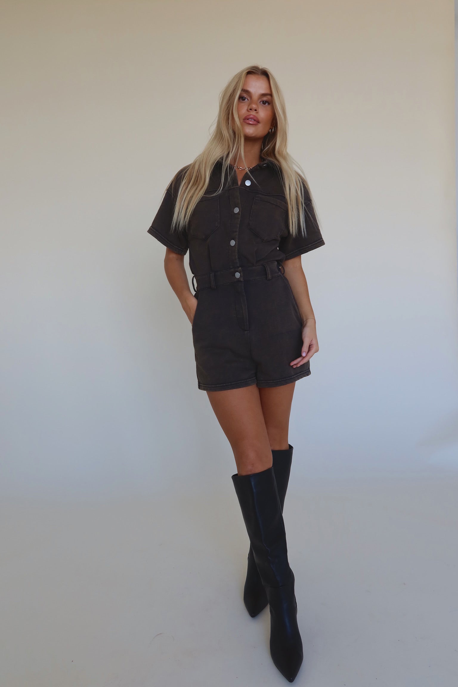 Washed Brown Short Sleeve Romper