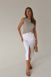 Lia Front Slit Denim Midi Skirt