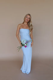 Carter Satin Strapless Maxi Dress In Dusty Blue