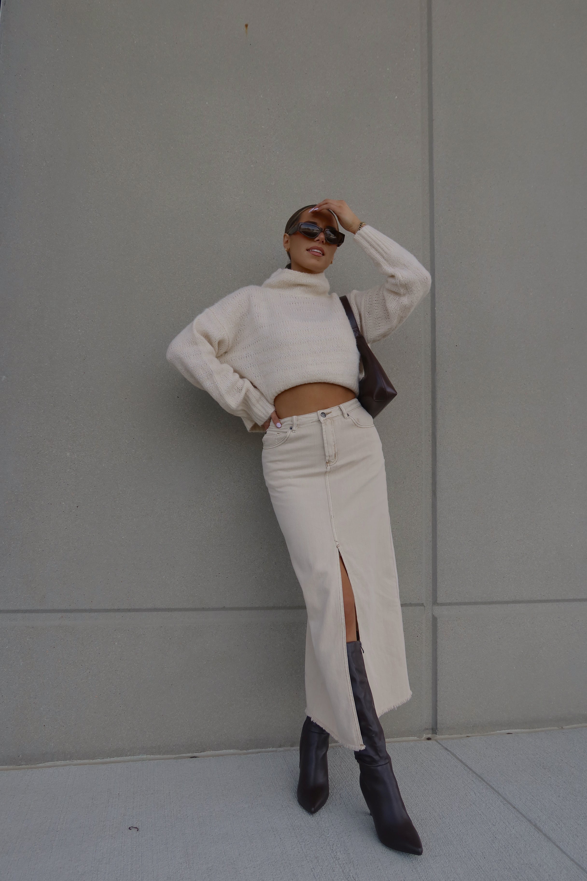 Dezi Beige Denim Midi Skirt