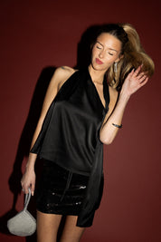 Black Satin Silver Trim Scarf Halter Top