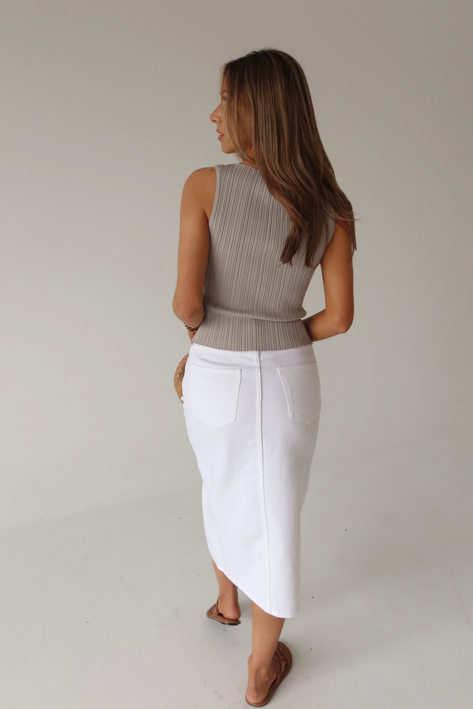 Lia Front Slit Denim Midi Skirt