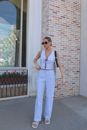 Della Dusty Blue Striped Tie Top