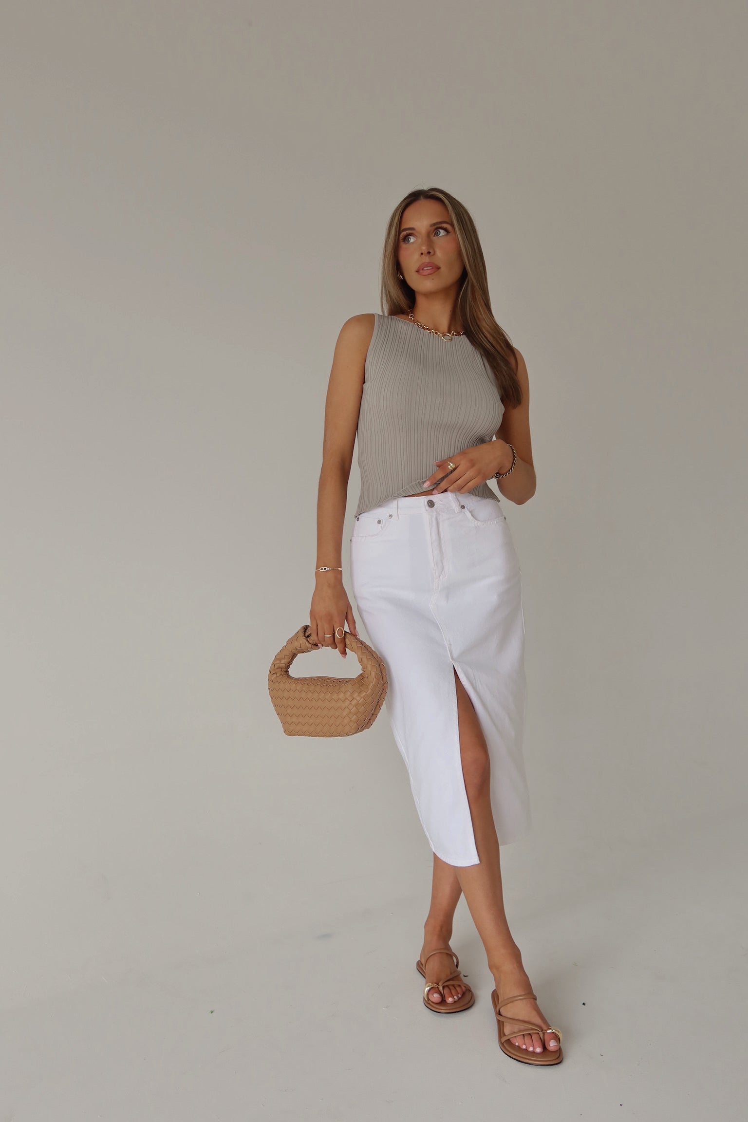 Lia Front Slit Denim Midi Skirt