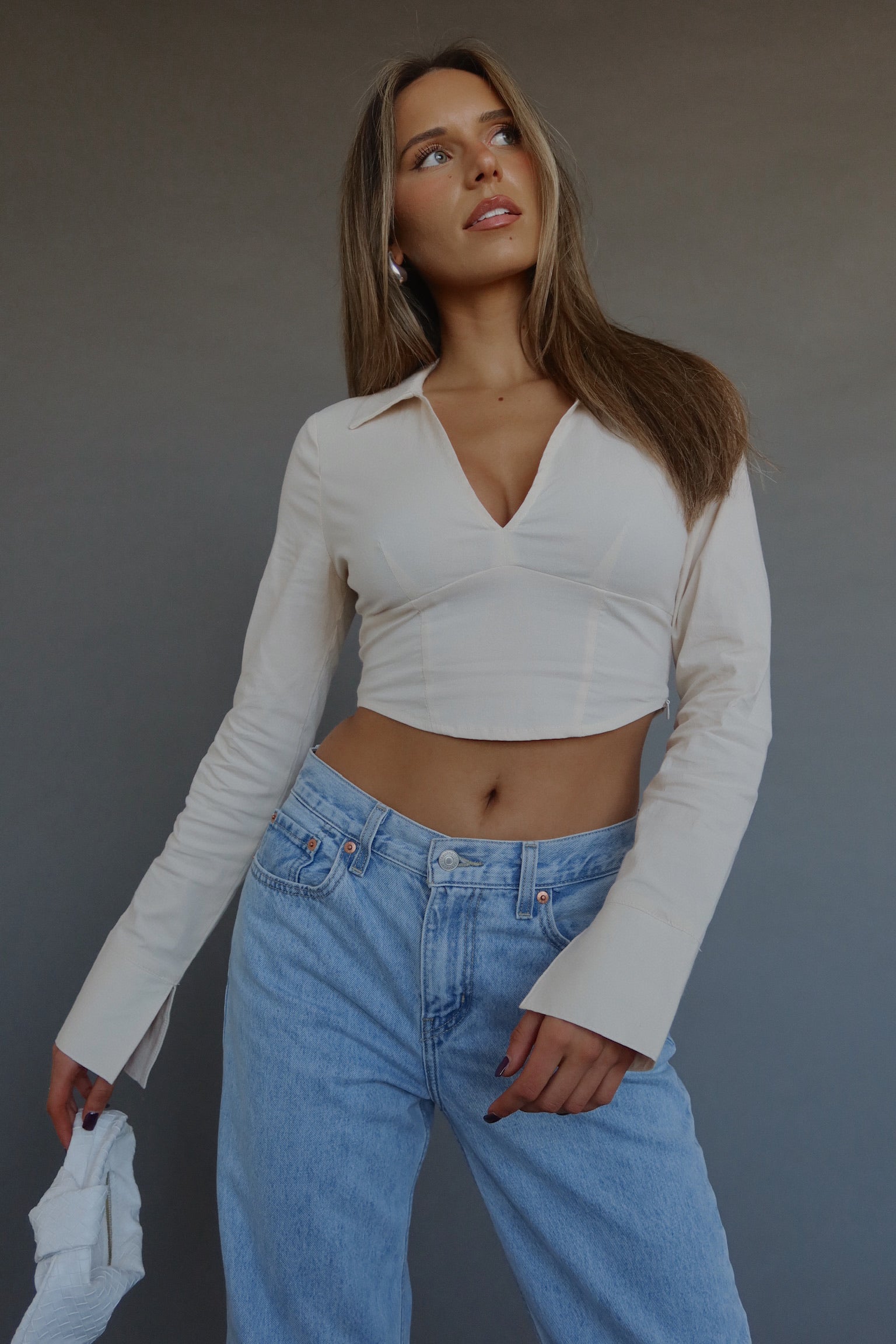 RESTOCKED :Emory Collared Long Sleeve Top In Taupe