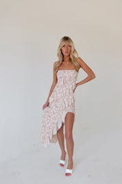 Nude Tiered Ruffle Leg Slit Midi Dress