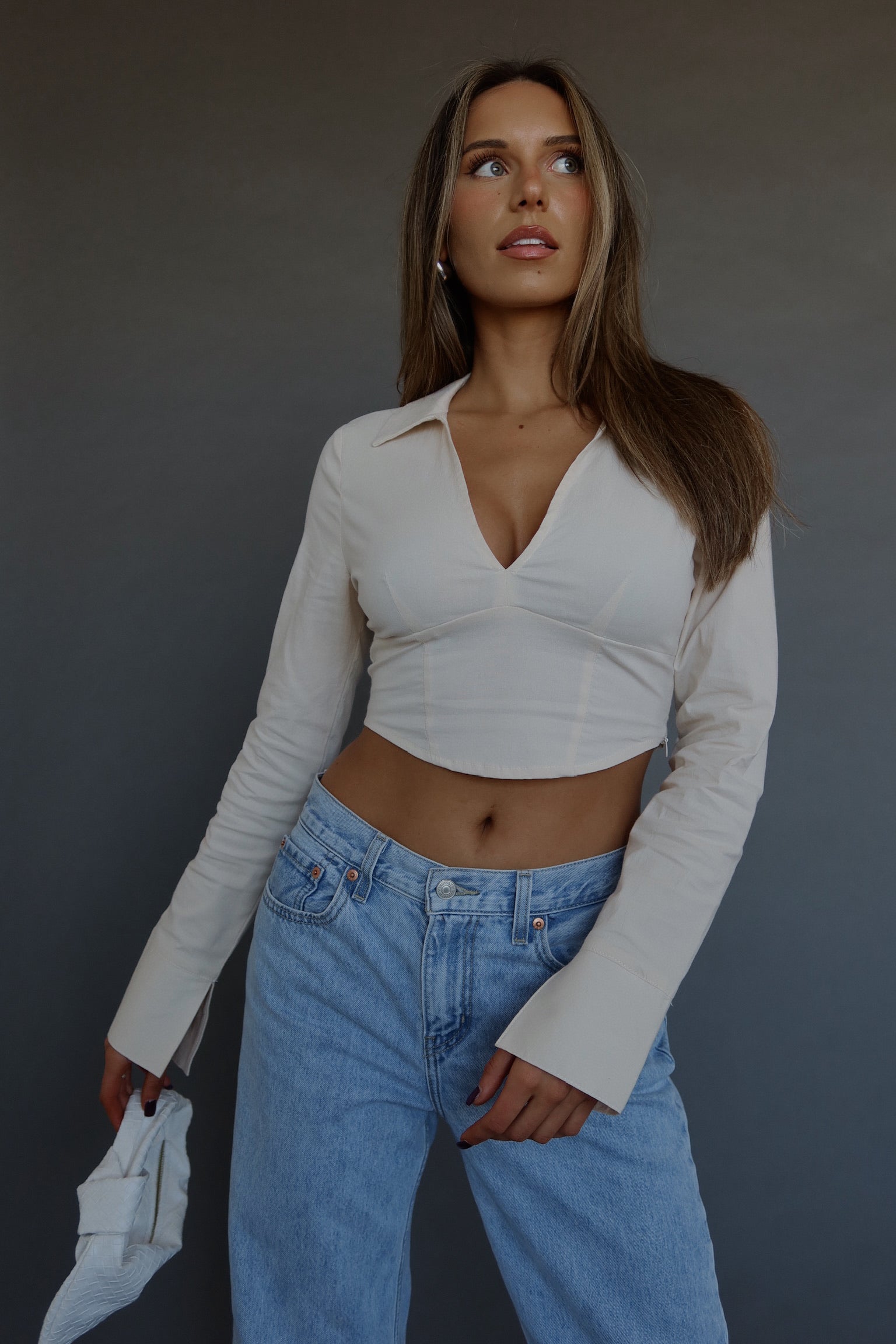 RESTOCKED :Emory Collared Long Sleeve Top In Taupe
