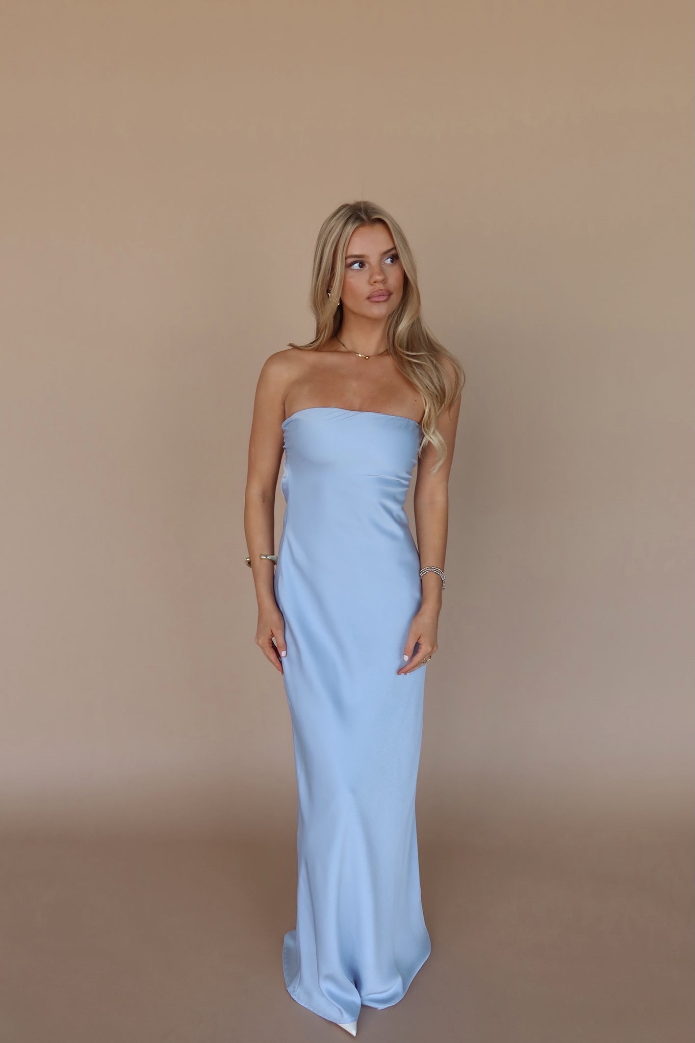 Carter Satin Strapless Maxi Dress In Dusty Blue