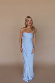 Carter Satin Strapless Maxi Dress In Dusty Blue