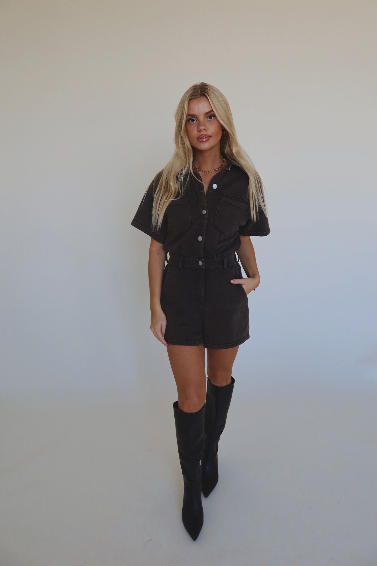 Washed Brown Short Sleeve Romper