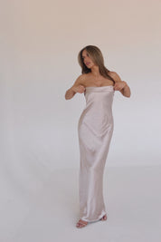 Ecru Strapless Satin Maxi Dress
