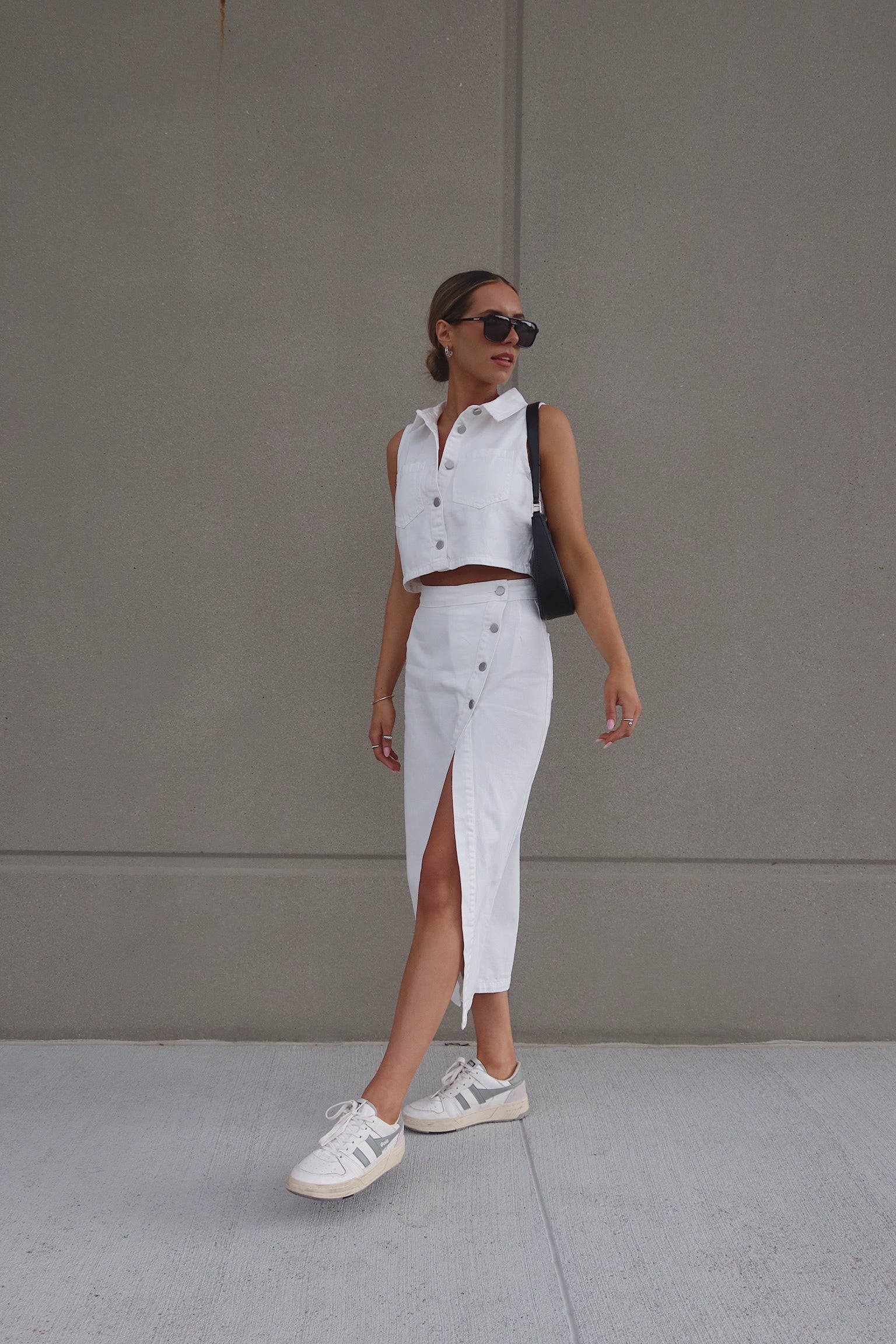 White Denim Button Down Top and Skirt Set