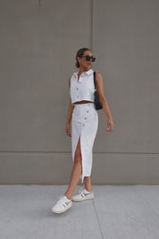 White Denim Button Down Top and Skirt Set