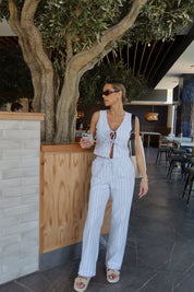 Della Dusty Blue Striped Tie Top