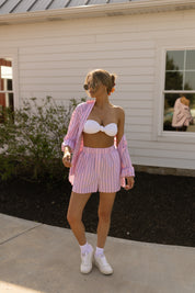 Pink Striped Button Down Shirt and Shorts Set