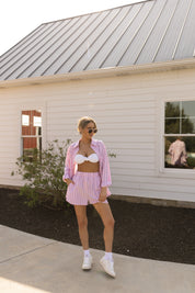 Pink Striped Button Down Shirt and Shorts Set