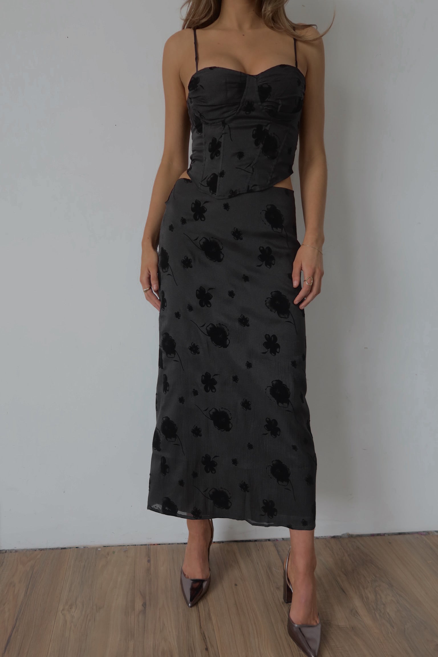 Tia Velvet Floral Midi Skirt