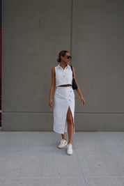 White Denim Button Down Top and Skirt Set