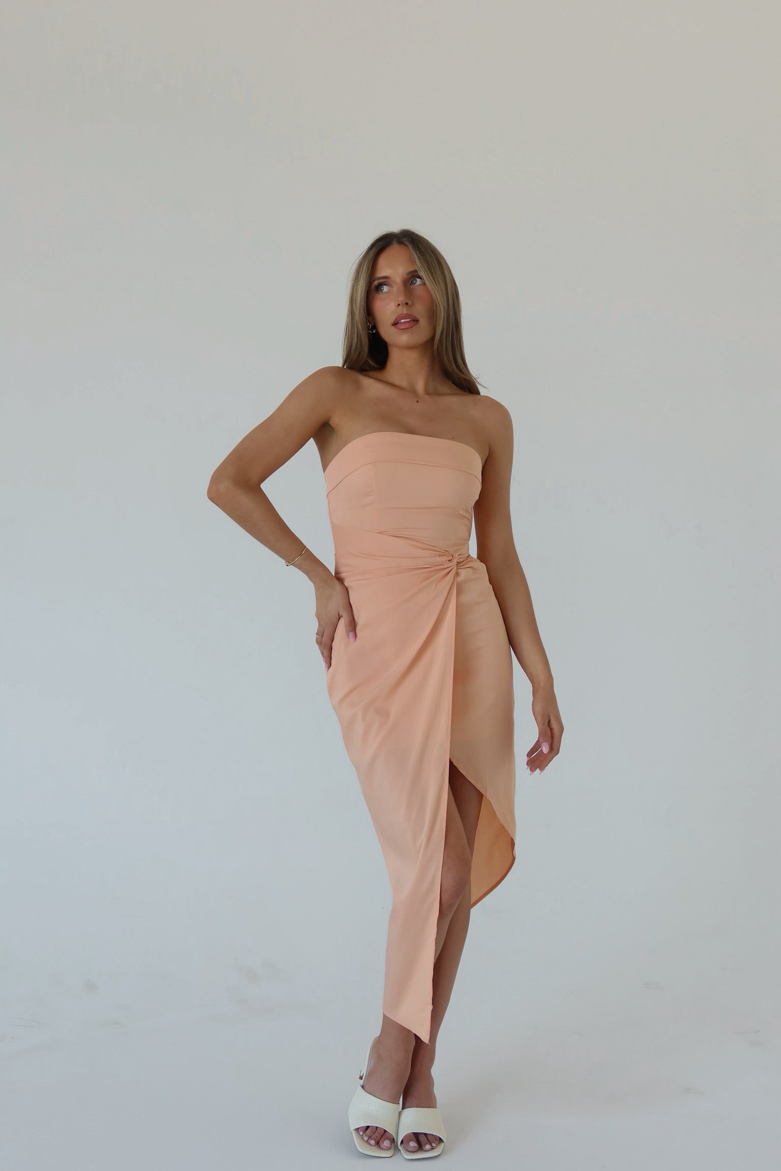 Jina Peach Wrap Strapless Midi Dress