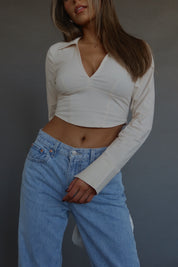 RESTOCKED :Emory Collared Long Sleeve Top In Taupe