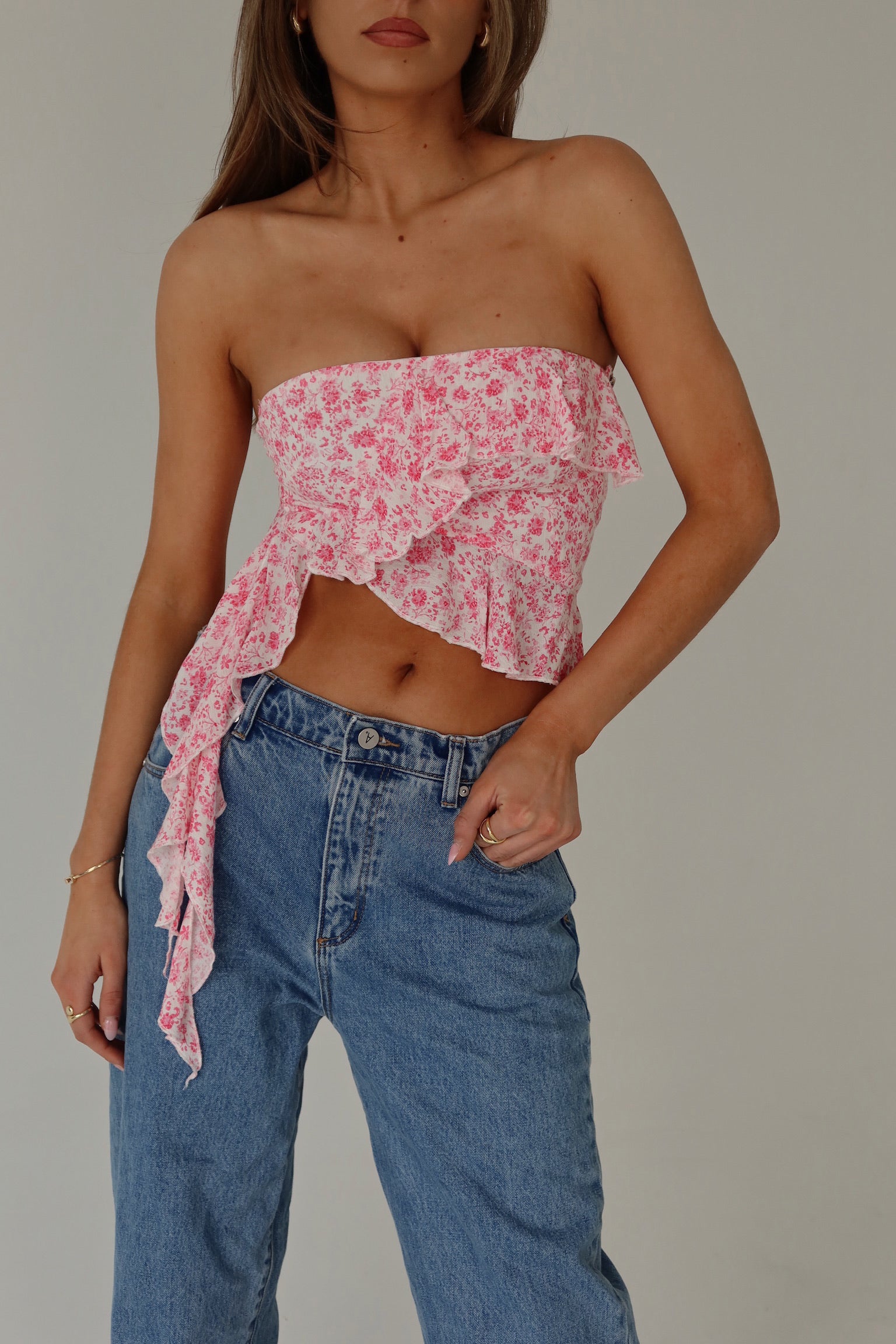 RESTOCKED :Zoey Pink Floral Strapless Top
