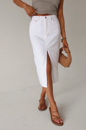 Lia Front Slit Denim Midi Skirt