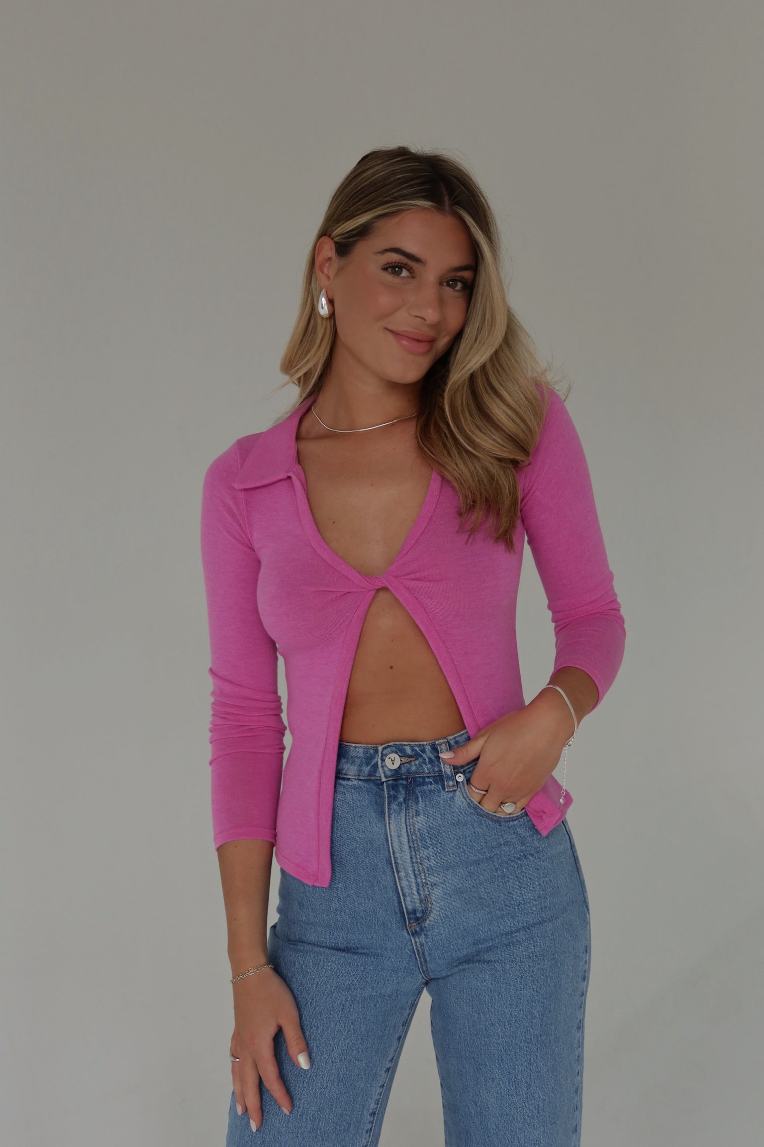 Fuchsia Open Front Collared Top