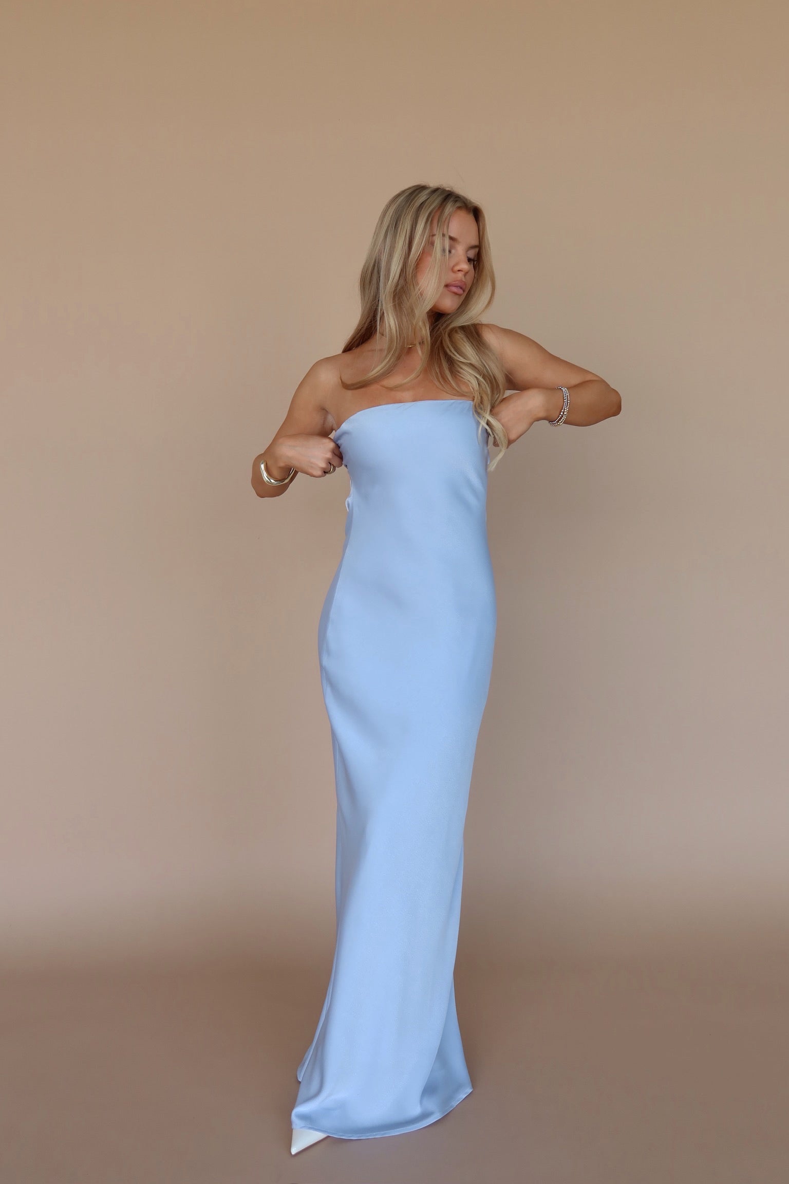 Carter Satin Strapless Maxi Dress In Dusty Blue