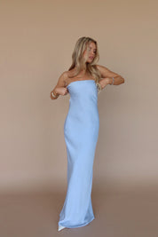 Carter Satin Strapless Maxi Dress In Dusty Blue