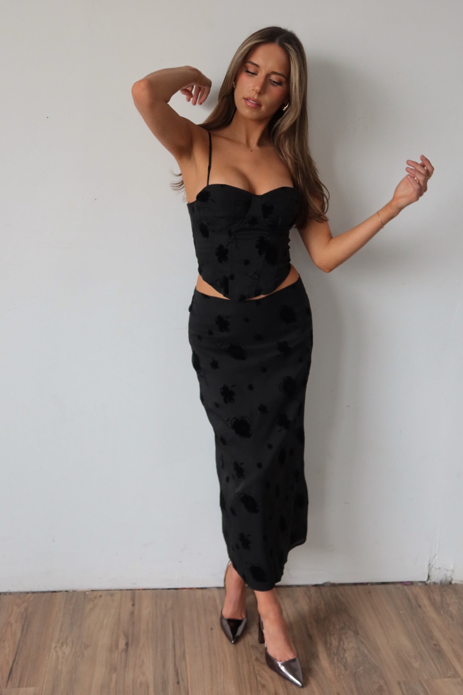 Tia Velvet Floral Midi Skirt