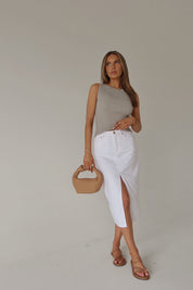 Lia Front Slit Denim Midi Skirt