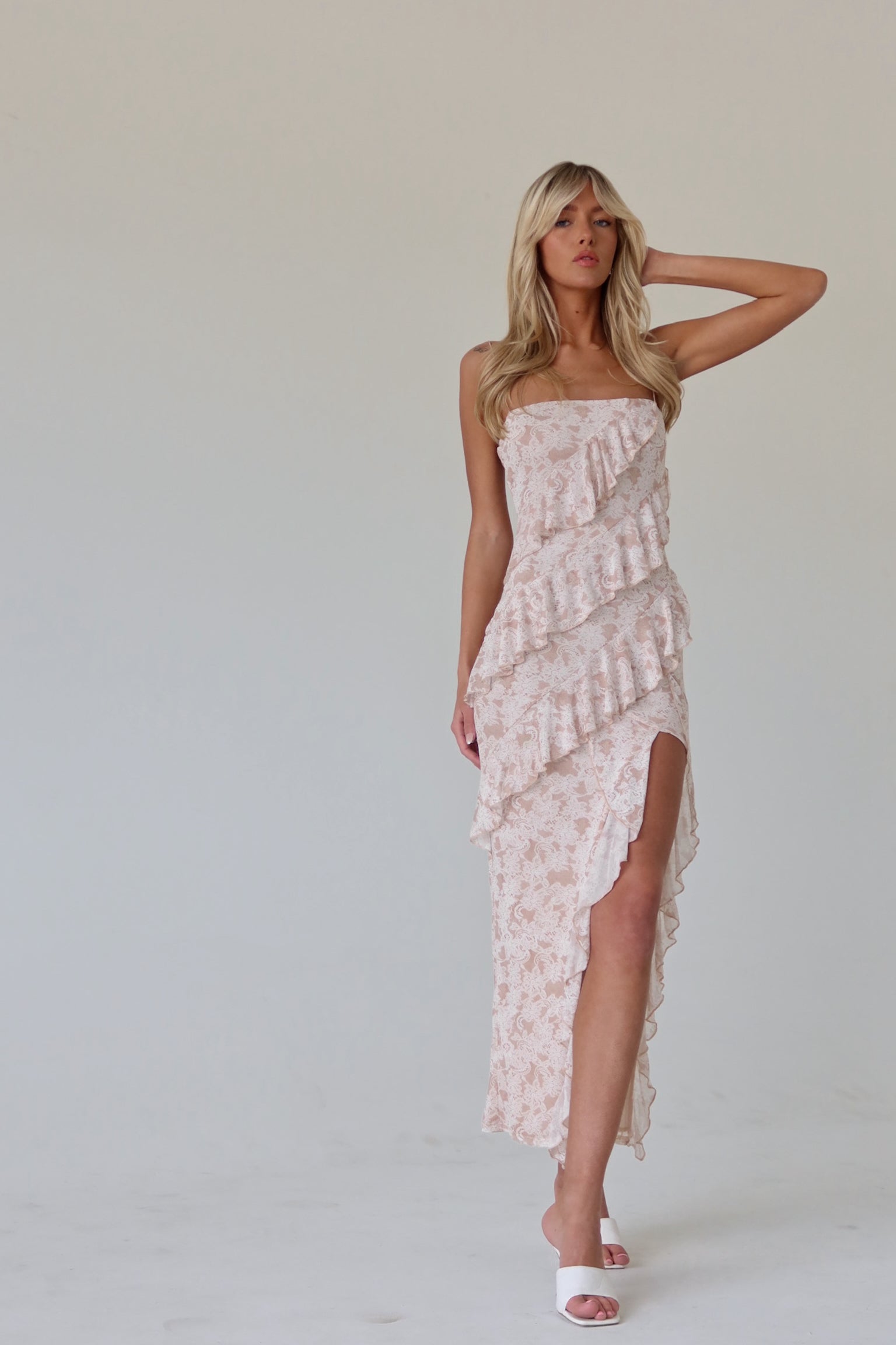Nude Tiered Ruffle Leg Slit Midi Dress