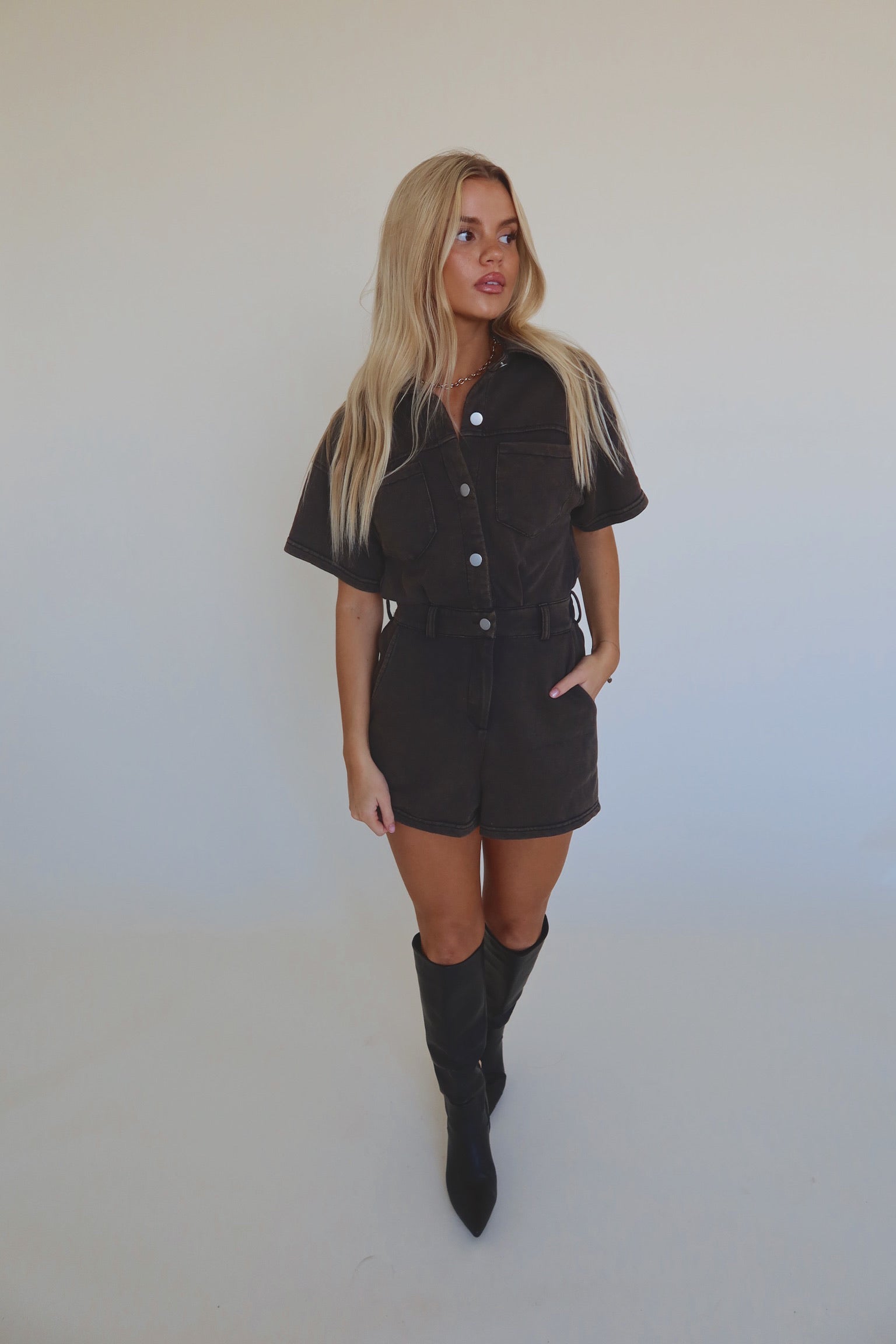 Washed Brown Short Sleeve Romper
