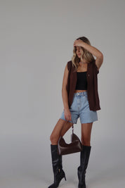 Brown Sleeveless Button-Down Sweater