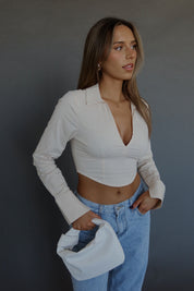 RESTOCKED :Emory Collared Long Sleeve Top In Taupe