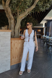 Della Dusty Blue Striped Tie Top