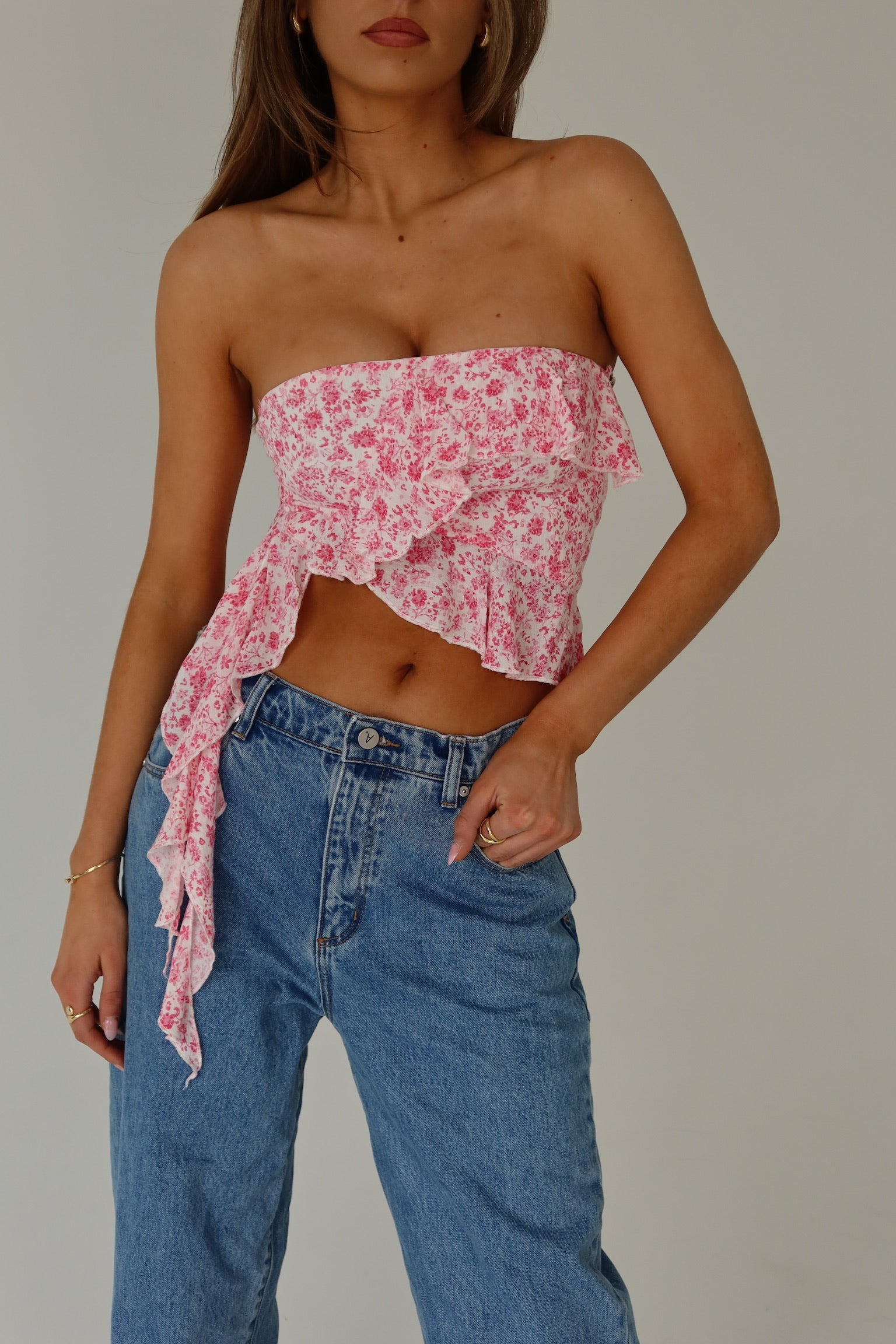 RESTOCKED :Zoey Pink Floral Strapless Top