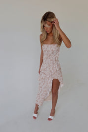 Nude Tiered Ruffle Leg Slit Midi Dress