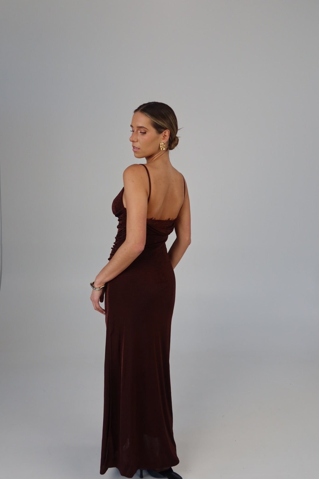 green emerald velvet dress Samra Ruched Maxi Dress – RI MI main image 1