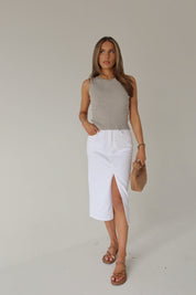 Lia Front Slit Denim Midi Skirt