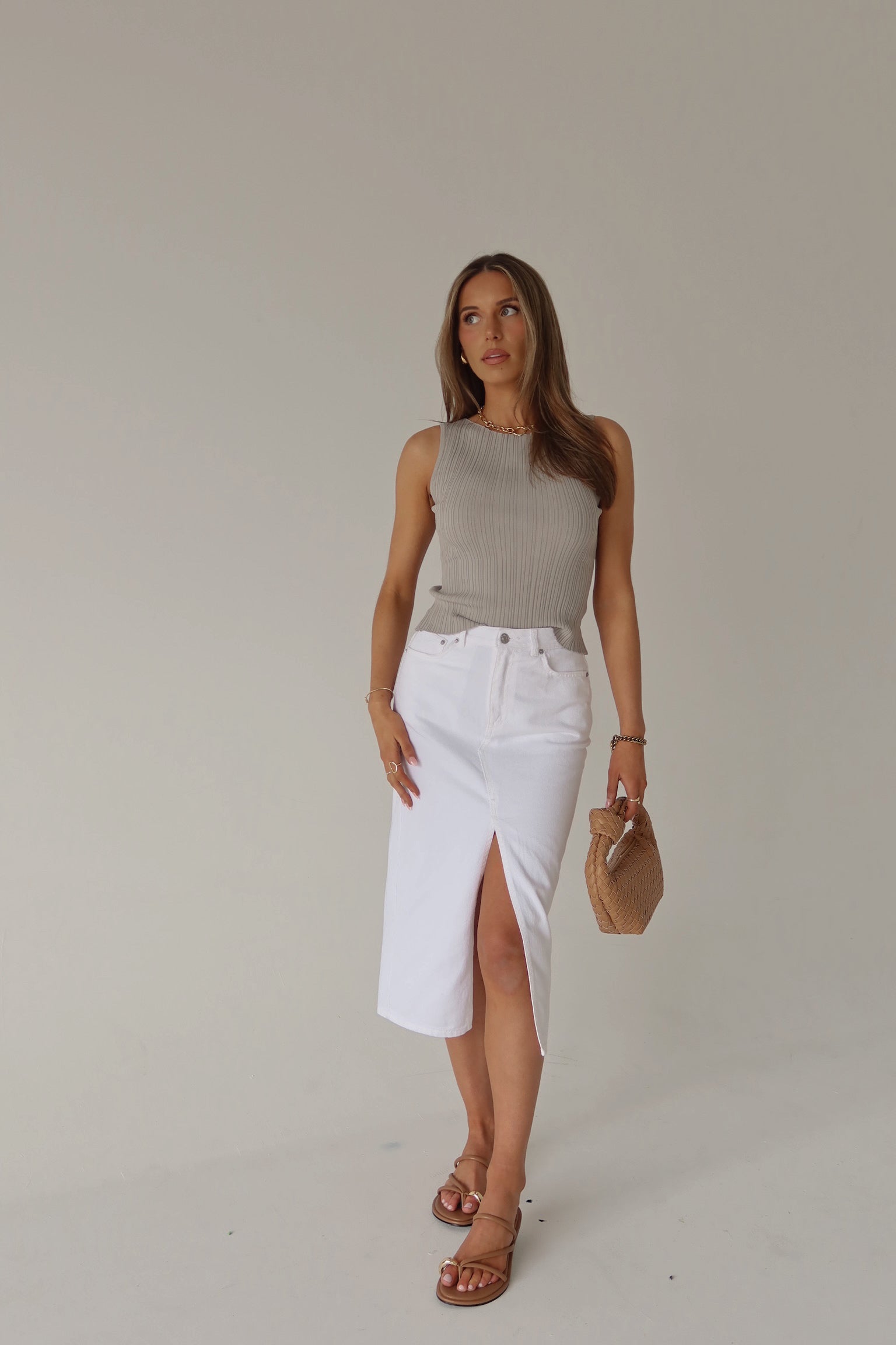 Lia Front Slit Denim Midi Skirt