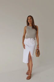 Lia Front Slit Denim Midi Skirt